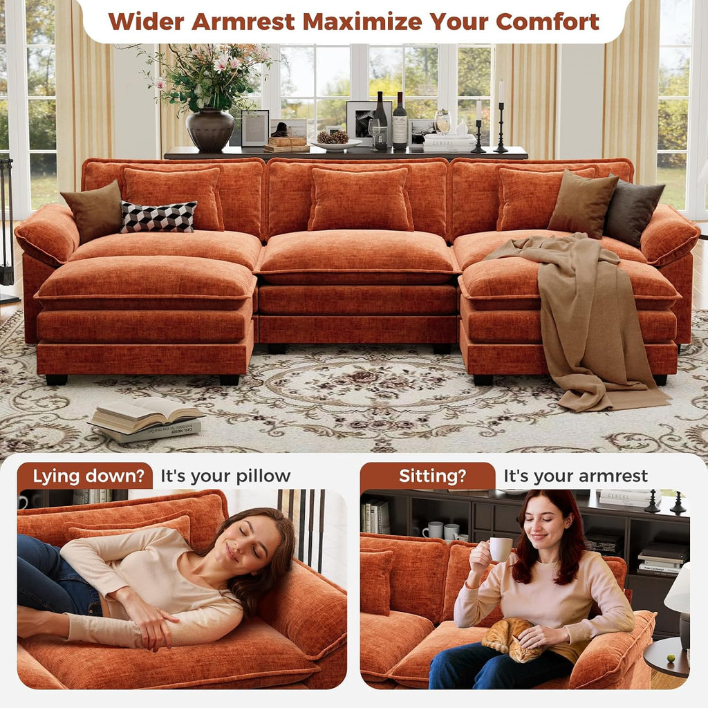 120" Oversized Modular Sectional Sofa, Comfy U-Shaped Cloud Couch w/ 2 Movable Ottoman, 5-Seater Chenille Deep Seat Modern Sofa Couch for Living Room, DIY Combination, Terracotta Orange