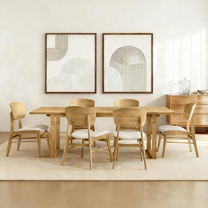 Wooden Dining Chairs Set of 6, Upholstered Modern Dining Room Chairs, Mid Century Oak Kitchen Chairs with Ergonomic Wood Backrest for Farmhouse, Restaurant, Café (Cream Fabric & Original Color)