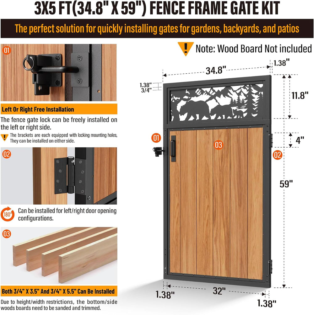 3x5FT Fence Gate Frame Kit 201 Stainless Steel Heavy Duty Garden Gates Anti-S...