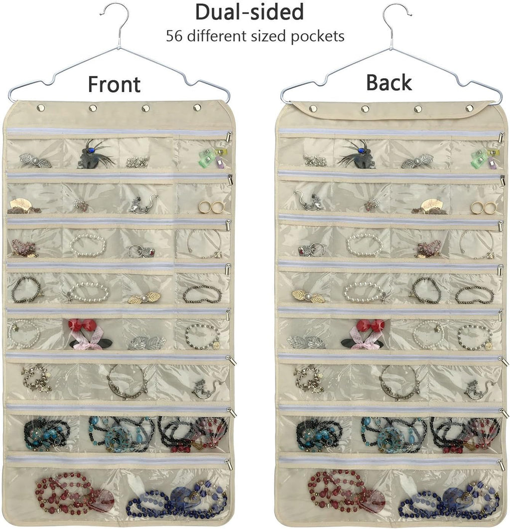 BB Brotrade Hanging Jewelry Organizer,Accessories Organizer,56 Zipper Pocket Organizer for Holding Jewelries (Beige-Zipper)