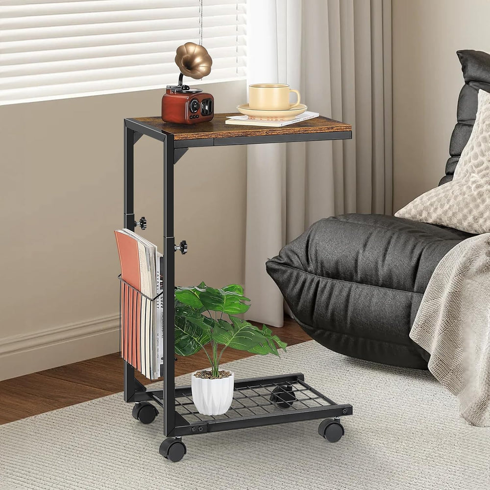 C Shaped Side Table Small End Table with Wheels Slide Under Couch Table for S...
