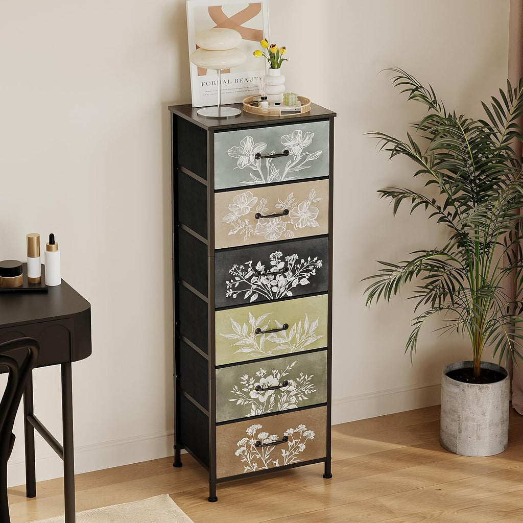 Tohomeor Vintage Dresser Vertical Nightstand with Neutral Botanical Plant Fabric Chest Drawers for Closet Bathroom Storage Tower Unit Bed Side Organizer Farmhouse Rustic (Multi, 6 Drawers)