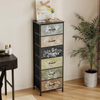 Tohomeor Vintage Dresser Vertical Nightstand with Neutral Botanical Plant Fabric Chest Drawers for Closet Bathroom Storage Tower Unit Bed Side Organizer Farmhouse Rustic (Multi, 6 Drawers)