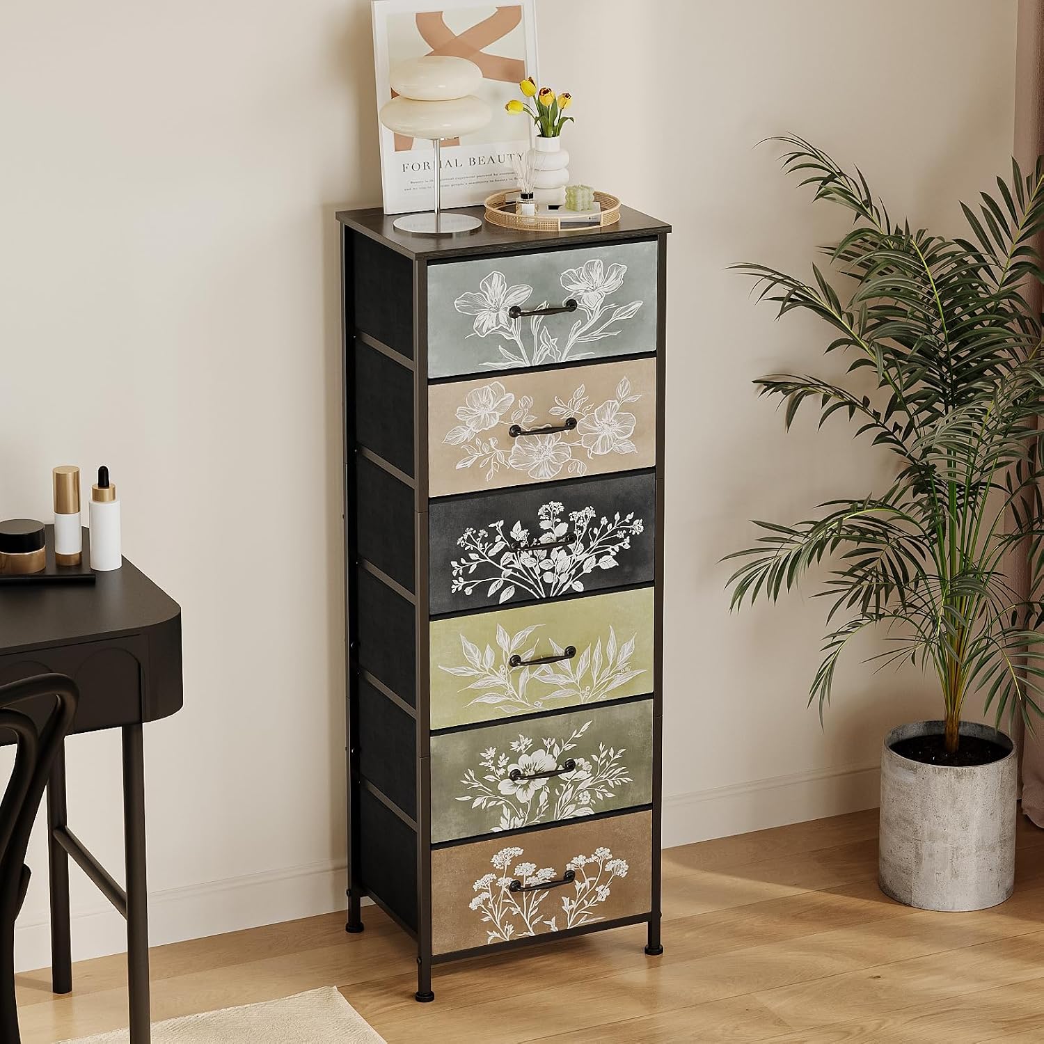 Tohomeor Vintage Dresser Vertical Nightstand with Neutral Botanical Plant Fabric Chest Drawers for Closet Bathroom Storage Tower Unit Bed Side Organizer Farmhouse Rustic (Multi, 6 Drawers)