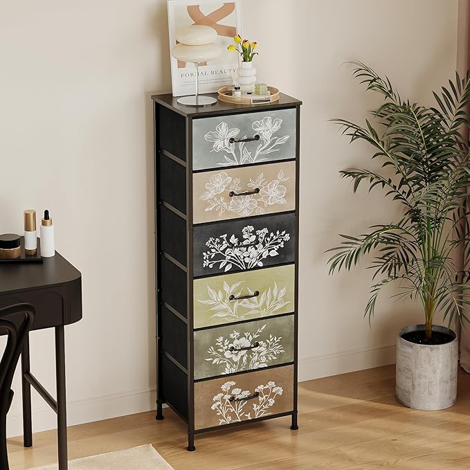 Tohomeor Vintage Dresser Vertical Nightstand with Neutral Botanical Plant Fab...