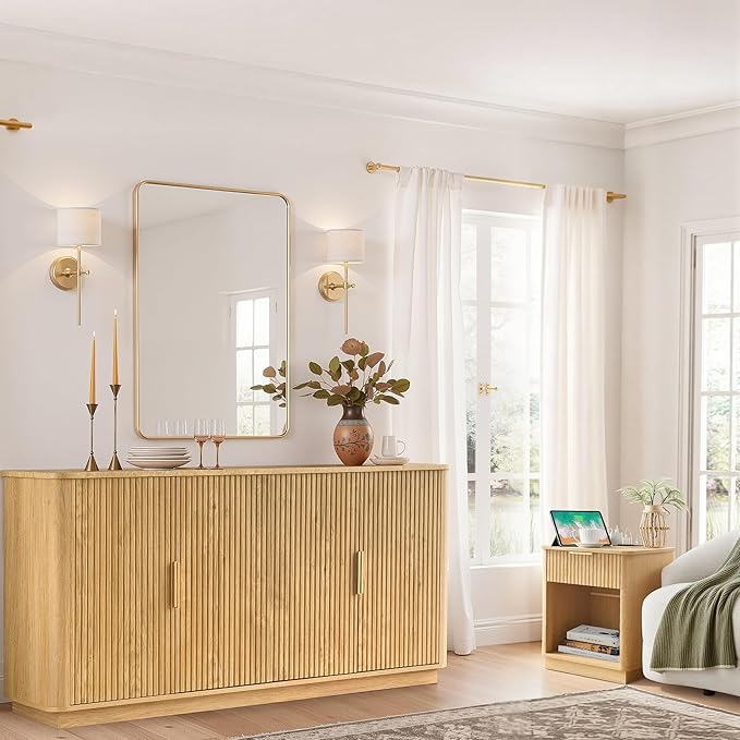 win2win 63" Fluted Sideboard Buffet Cabinet with Faux Marble Top, Modern Credenza with Storage, Wood Boho Media TV Console Accent Cabinet for Living Room Kitchen Hallway, Oak