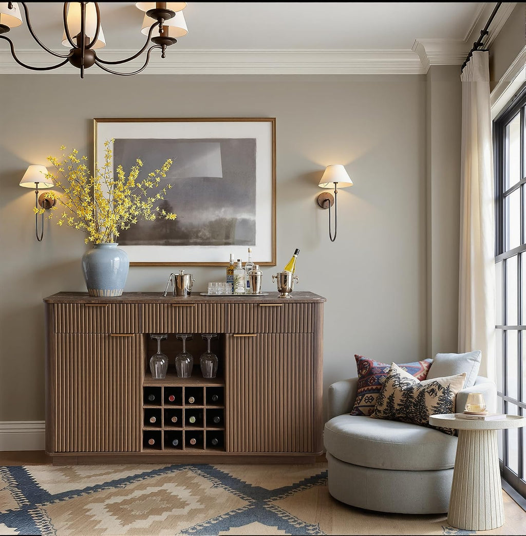 win2win 59" Fluted Wine Bar Cabinet, Mid-Century Modern Sideboard, Walnut | Home Bar with Faux Marble Top, 3 Spacious Drawers, 3 Stemware Racks, 12 Wine Racks, 2 Side Cabinets, Kitchen Dining Room