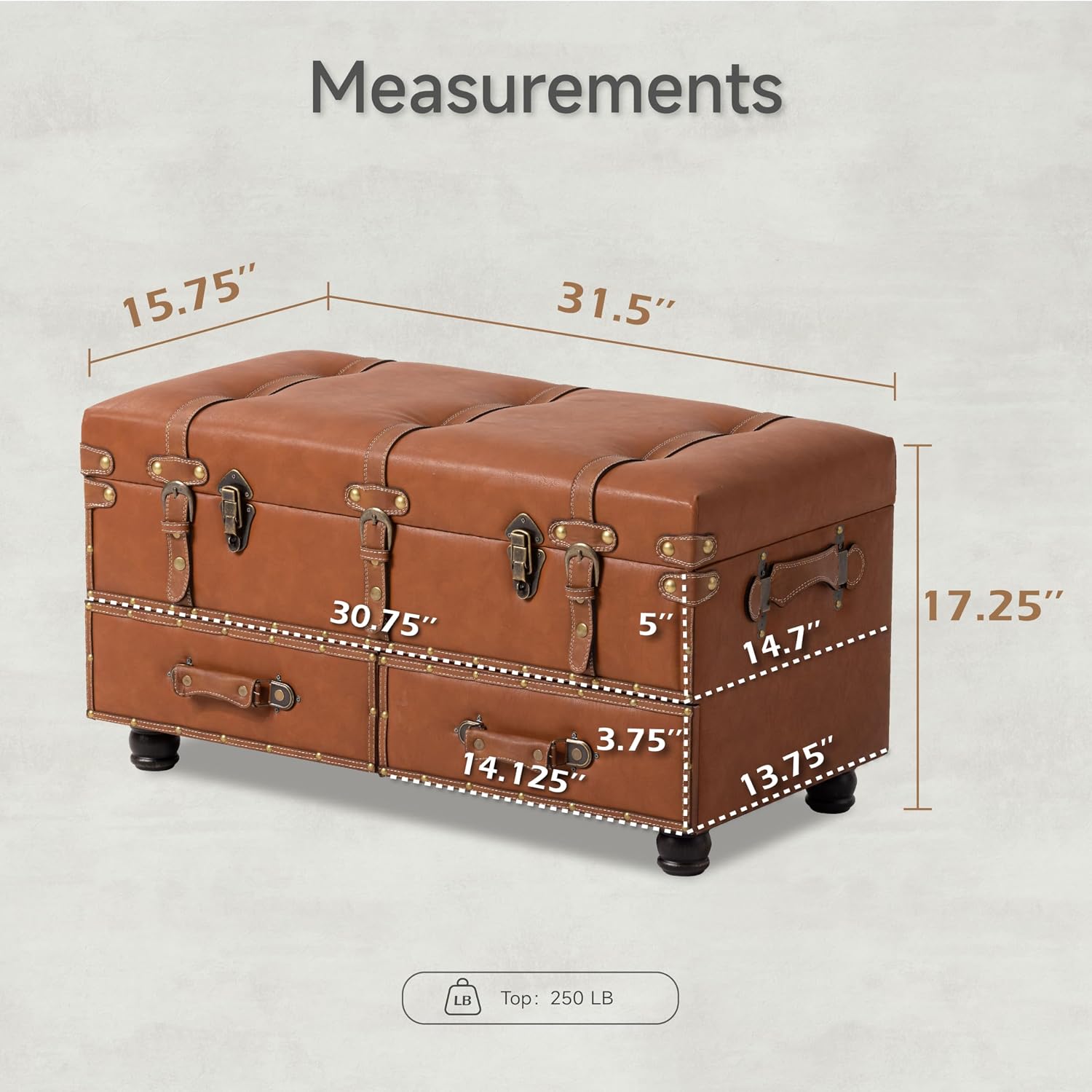 Vintage Treasure Chest Bench with Latch Closure and Buckle Trunk , Farmhouse Faux Leather Storage Ottoman Bench for Living Room, Entryway, Bedroom, Sponge Padded Orange