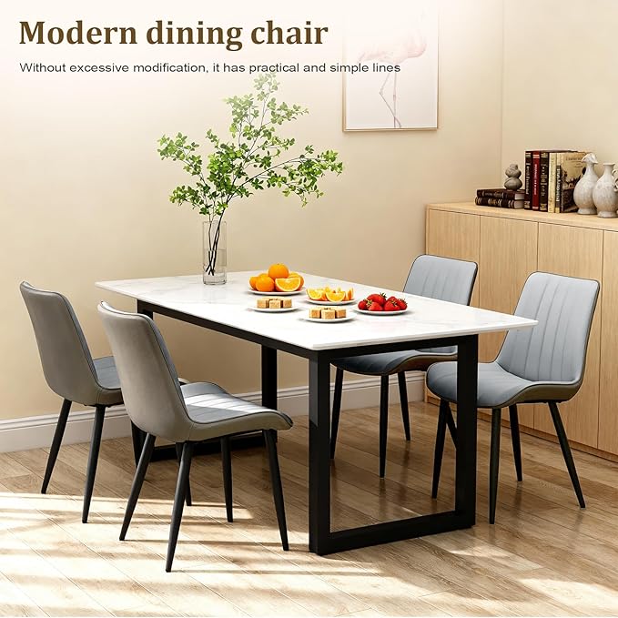Dining Chairs Set of 4, Leather Modern Kitchen & Dining Room Chairs, Comfortable Upholstered Kitchen Chairs with Metal Legs Armless Side Chairs for Kitchen Restaurant, Light Grey & Dark Grey