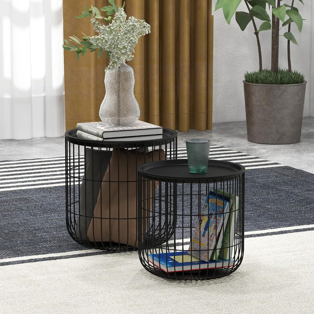 HOMCOM Nesting Coffee Tables Round Wire Basket Table Set of 2 Black | Removab...