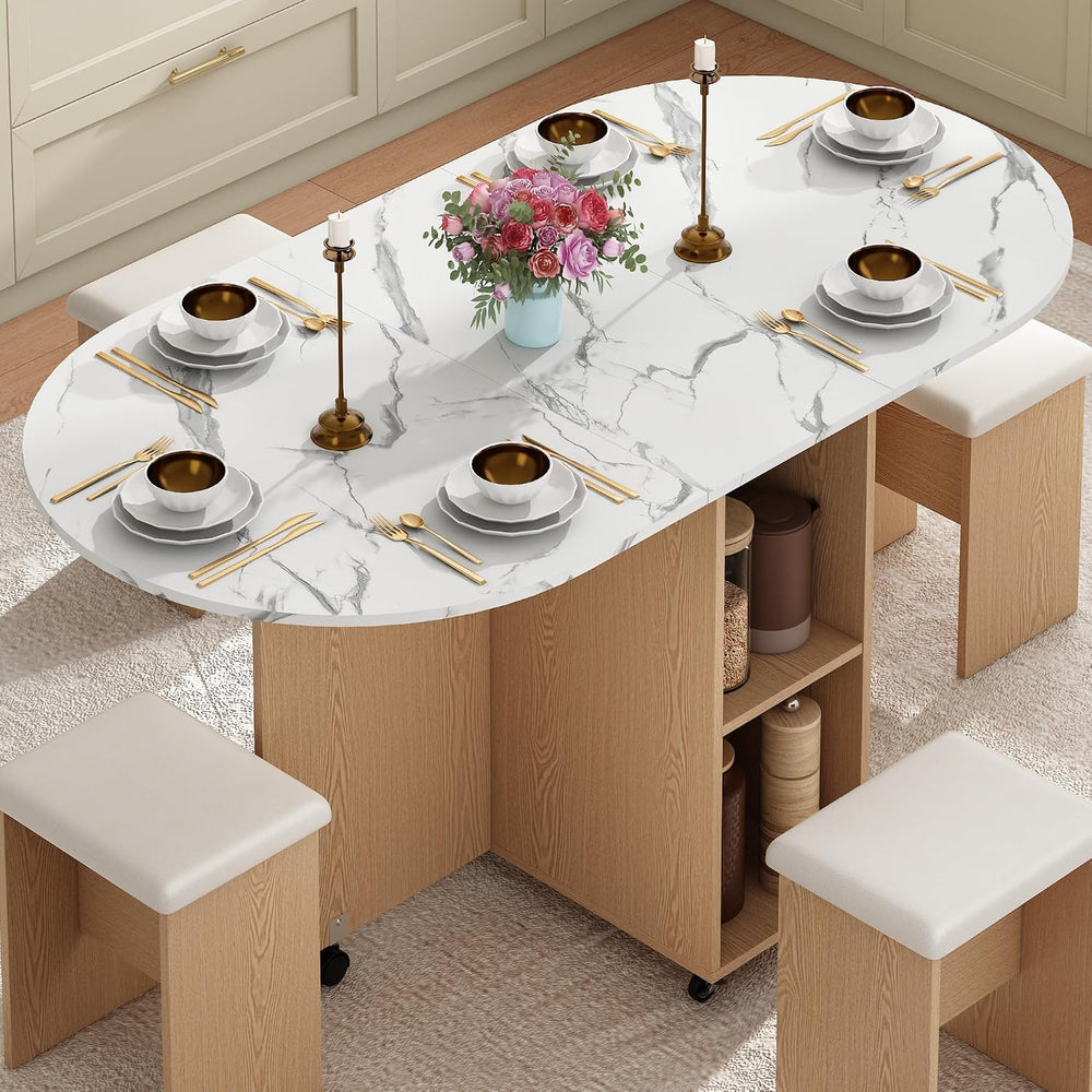5 PCS Farmhouse Dining Table Set for 4,60" Large Round Folding Dining Ta...