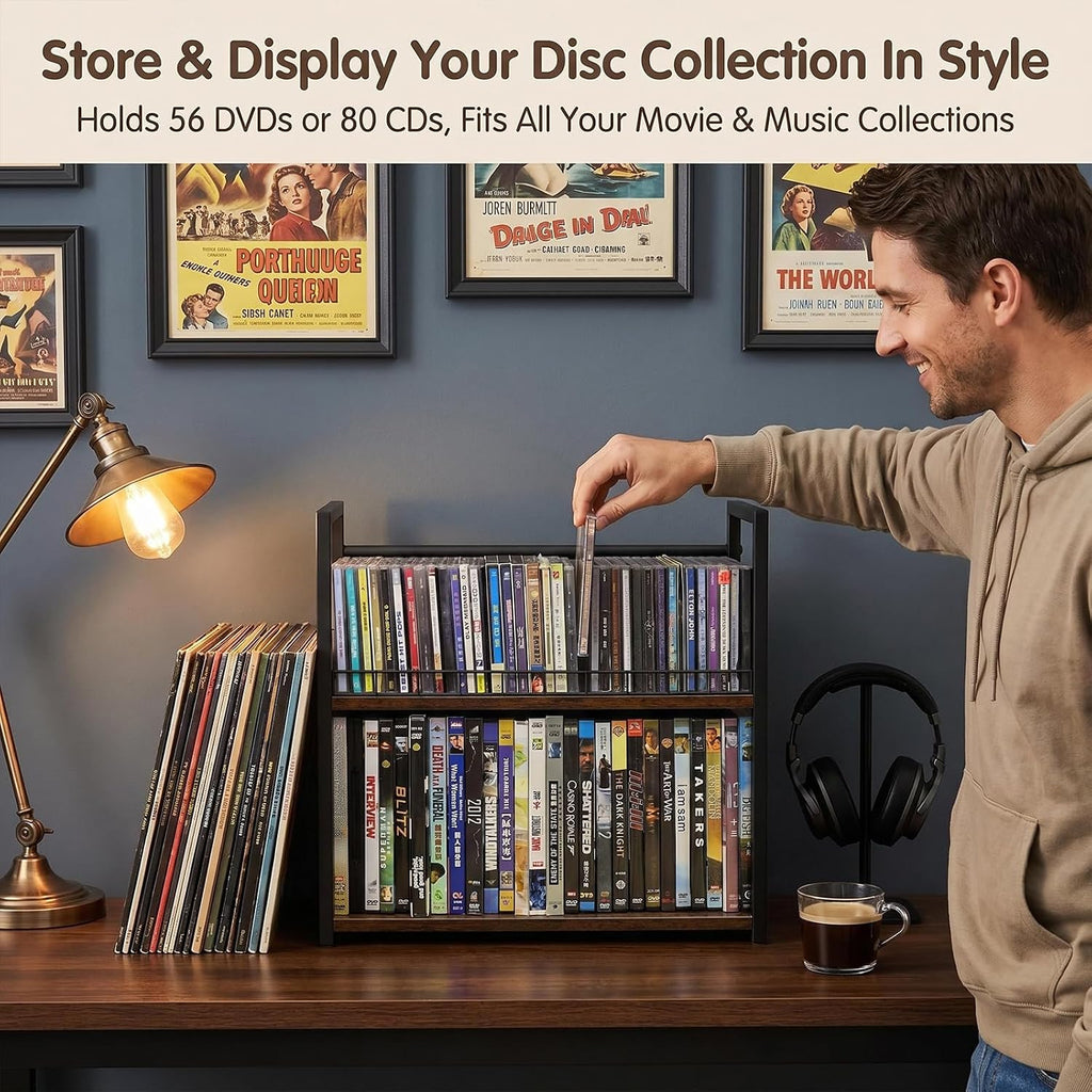 2-Tier DVD Storage Rack & CD Display Shelf, Holds 56 DVD Cases, Stackable Metal Media Organizer Tower for Blu Ray, Video Games, VHS Tapes