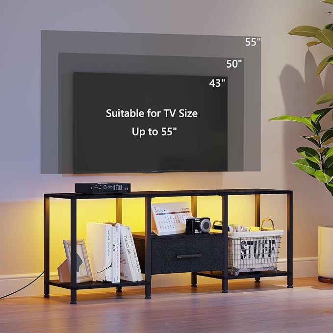 TV Stand with LED Lights, Entertainment Center with Open Shelves and Fabric D...