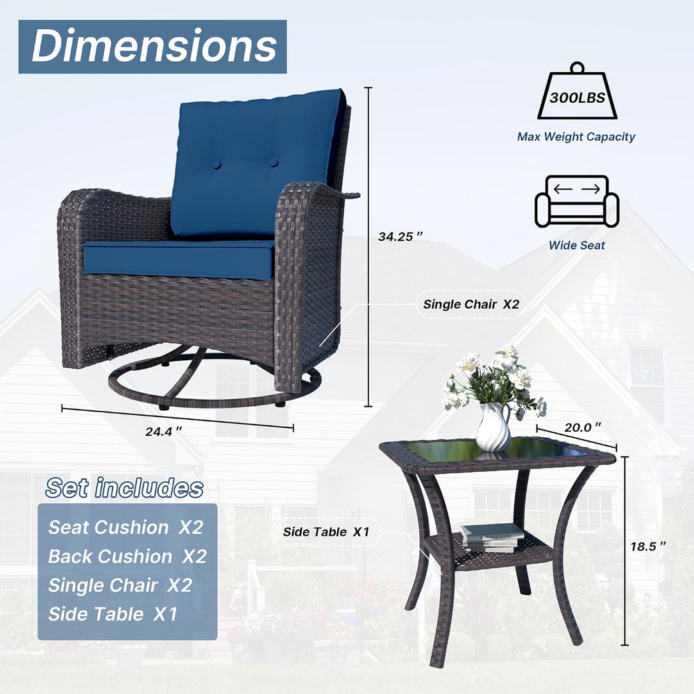 Kurapika 3 Pieces Patio Furniture Set Outdoor Swivel Gliders Rocker, Wicker P...