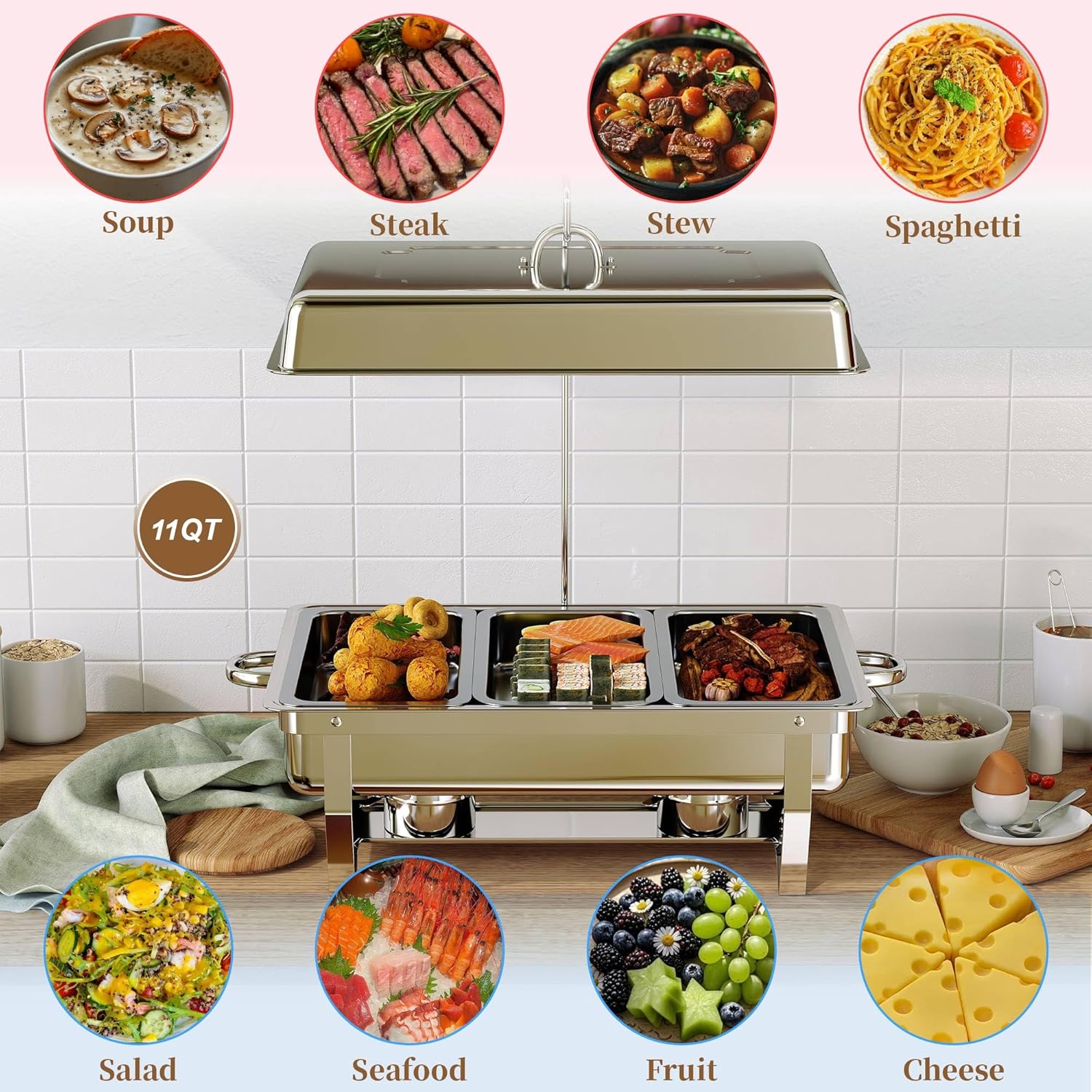 Chafing Dishes Buffet Set for Food Warming and Serving,11QT Stainless Steel Party Trays Warmers for Catering,Weddings,Events with Display and Rolled Edge Design,1 Pack, 3 Compartment