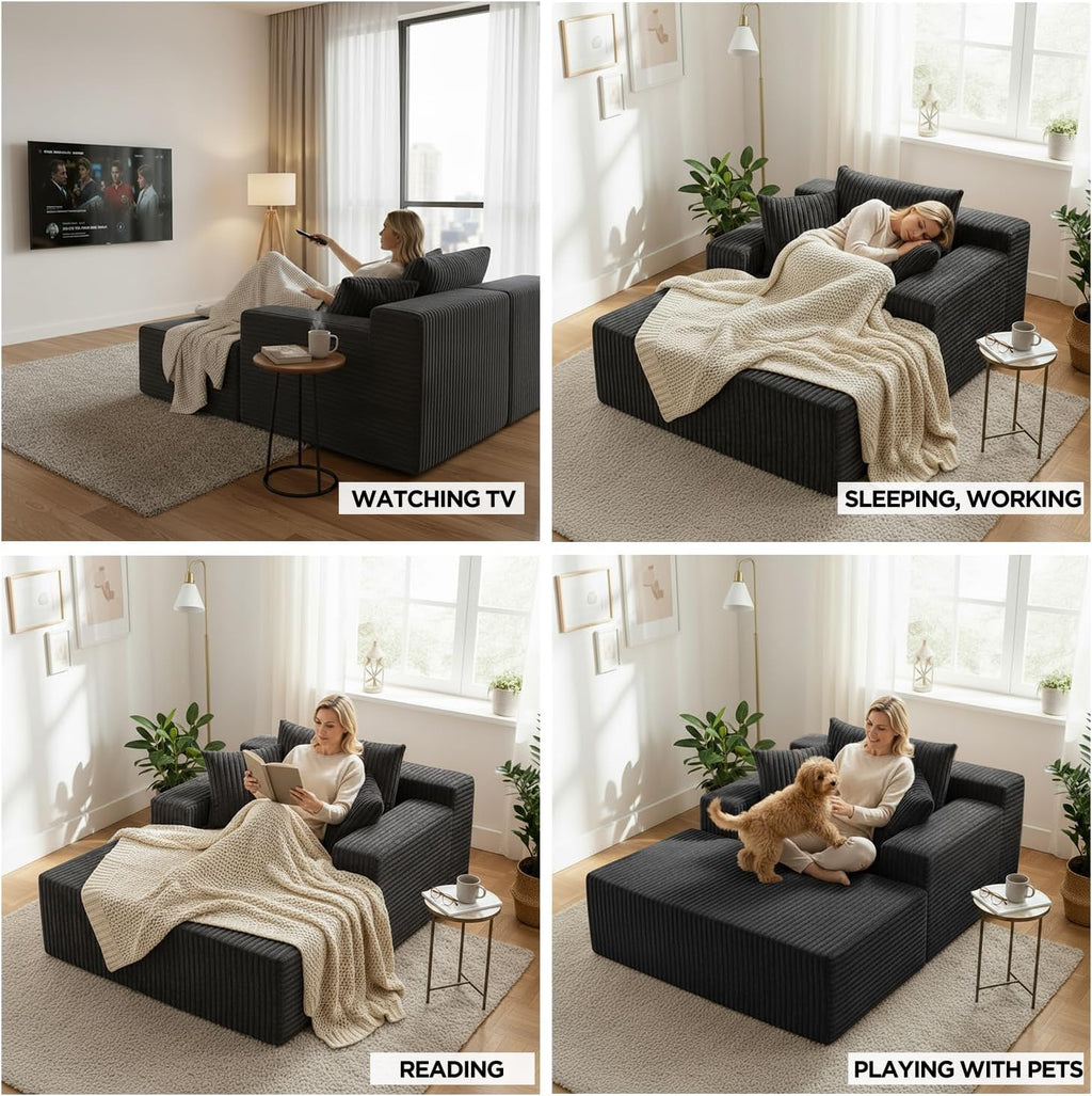 Chaise Lounge with Armrests, Oversized Sofa Bed with 3 Pillows, Cozy Couch, Sleeper Reading Chair for Living Room Bedroom, Floor Sofa Corduroy, Furniture Sala, Volcanic Ash