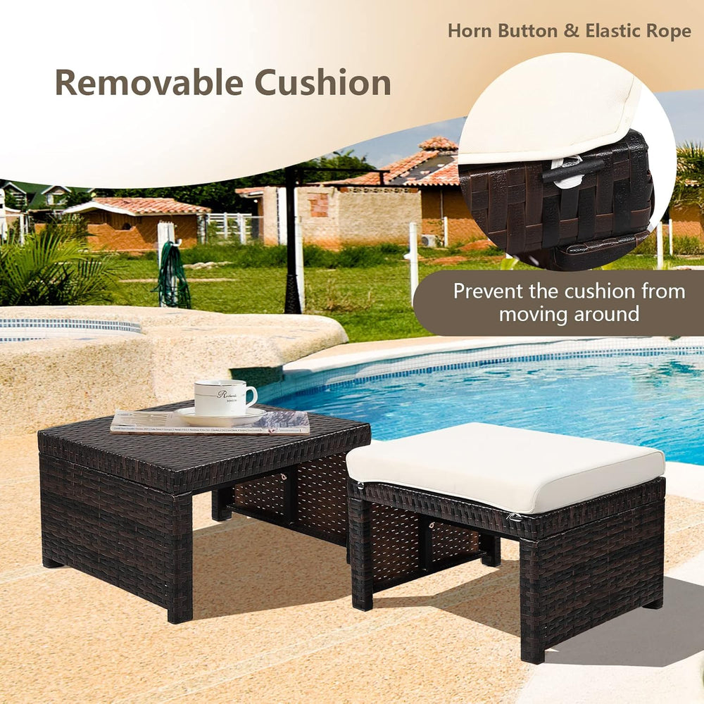2-Piece Wicker Ottomans, Outdoor Rattan Foot Rest Set of 2 w/Removable Cushio...
