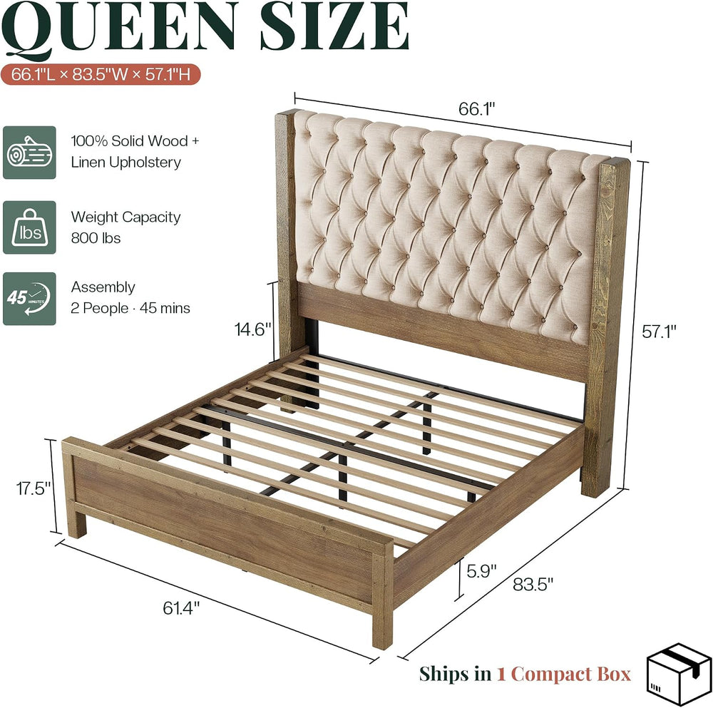 Jocisland Queen Size Solid Wood Bed Frame,57" Wingback Headboard,Gray Wash