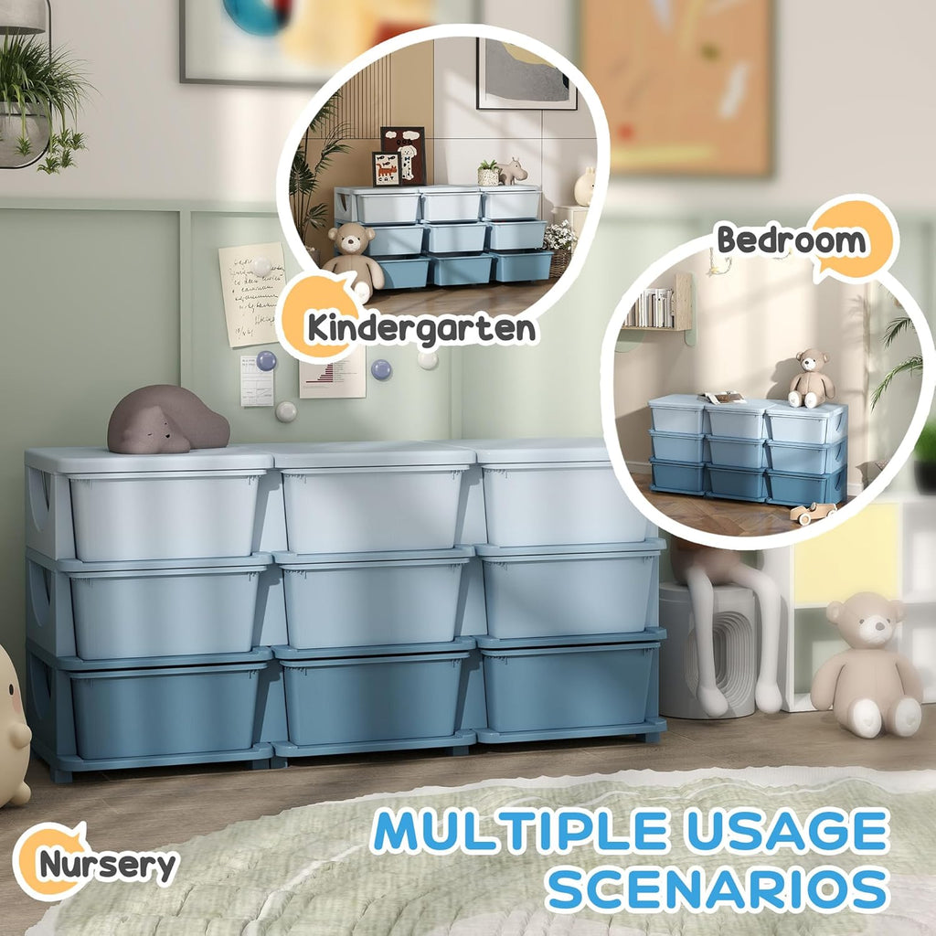Qaba 3 Tier Kids Storage Unit, 9 Drawer Chest Toy Organizer Plastic Bins for Kids Bedroom Nursery Kindergarten Living Room for Boys Girls Toddlers, Blue