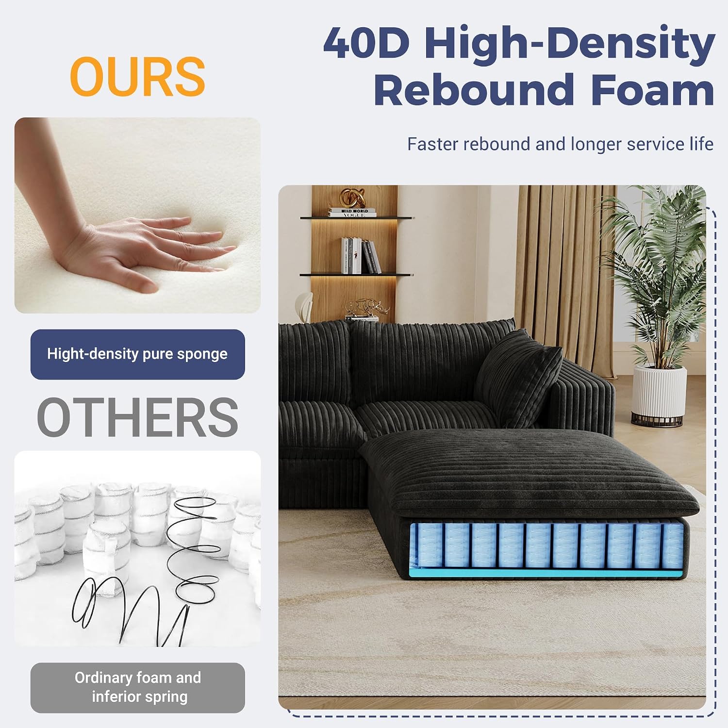 157.6" Oversized L Shaped Modular Boneless Sofa with Ottoman, Cloud Sectional Couches for Living Room, Deep Seat Corduroy Upholstered Couch Furniture Set, No Assembly Required (4 Seater+1 Ottoman)