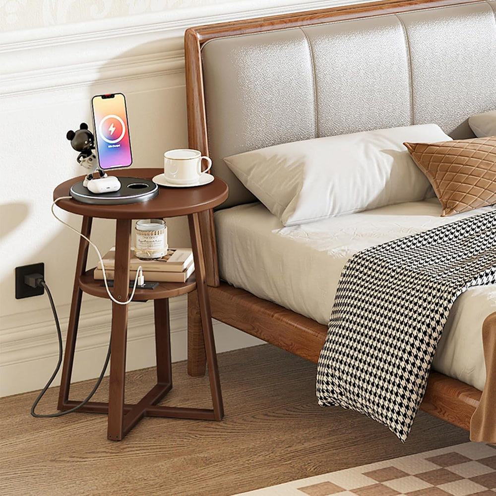 HOOBRO Round Side Table with Charging Station, Round Accent End Table with Ba...