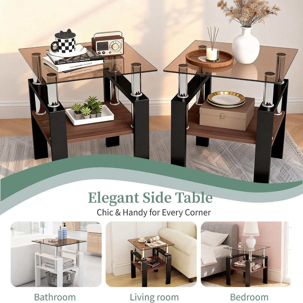 17.72'' Glass Side Table Set of 2, 2 Tier Couch End Table with Temper...