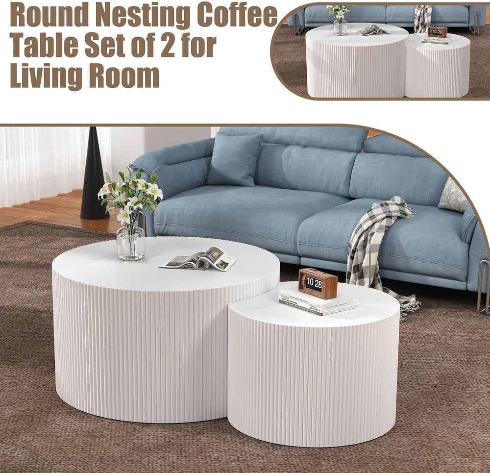 27.5" Round Nesting Coffee Table Set of 2 (White) | Wooden Fluted Drum S...