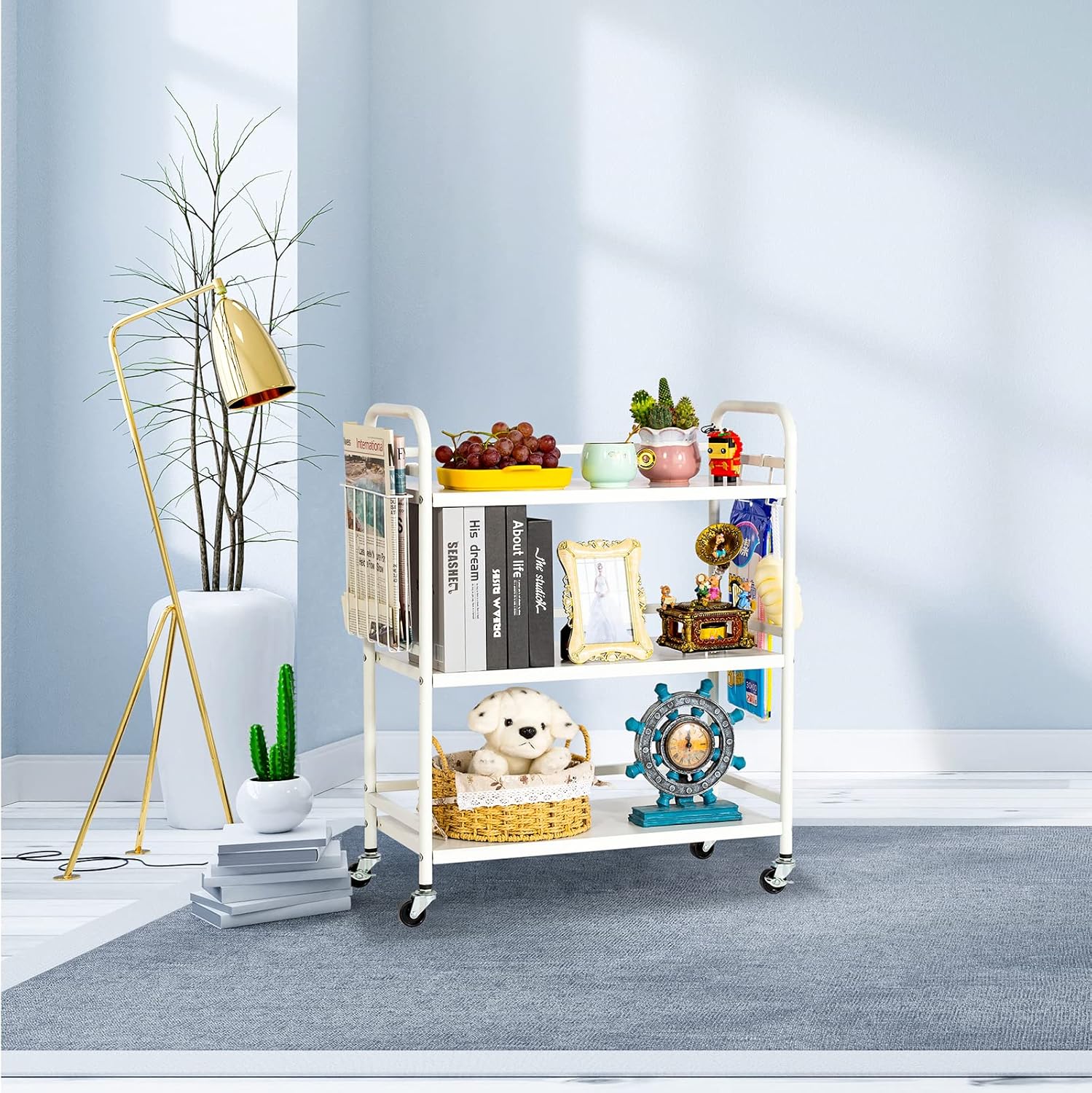 HDANI 3 Tier Metal Rolling Utility Cart,High Capacity Multi Purpose Heavy Duty Cart for Office,Kitchen,Living Room,Bedroom,White
