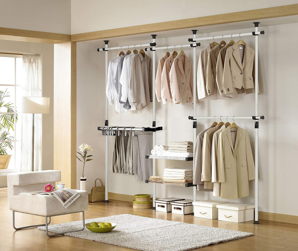 Prince Hanger Deluxe Pants & Shelf Hanger Heavy Duty One Touch Load 880LBS Clothing Racks for Hanging Clothes Metal Wardrobe Closet Garment Tension Rod Freestanding Ivory Height Adjustable PHUS-0052