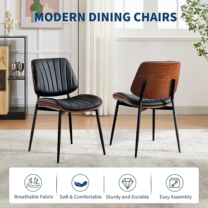 Garvee Dining Chairs Set of 2, Mid-Century Modern Upholstered Retro PU Leather Kitchen Chairs with Walnut Bentwood Back and Metal Legs Adjustable Feet for Kitchen Dining Room, Black Shell Strips