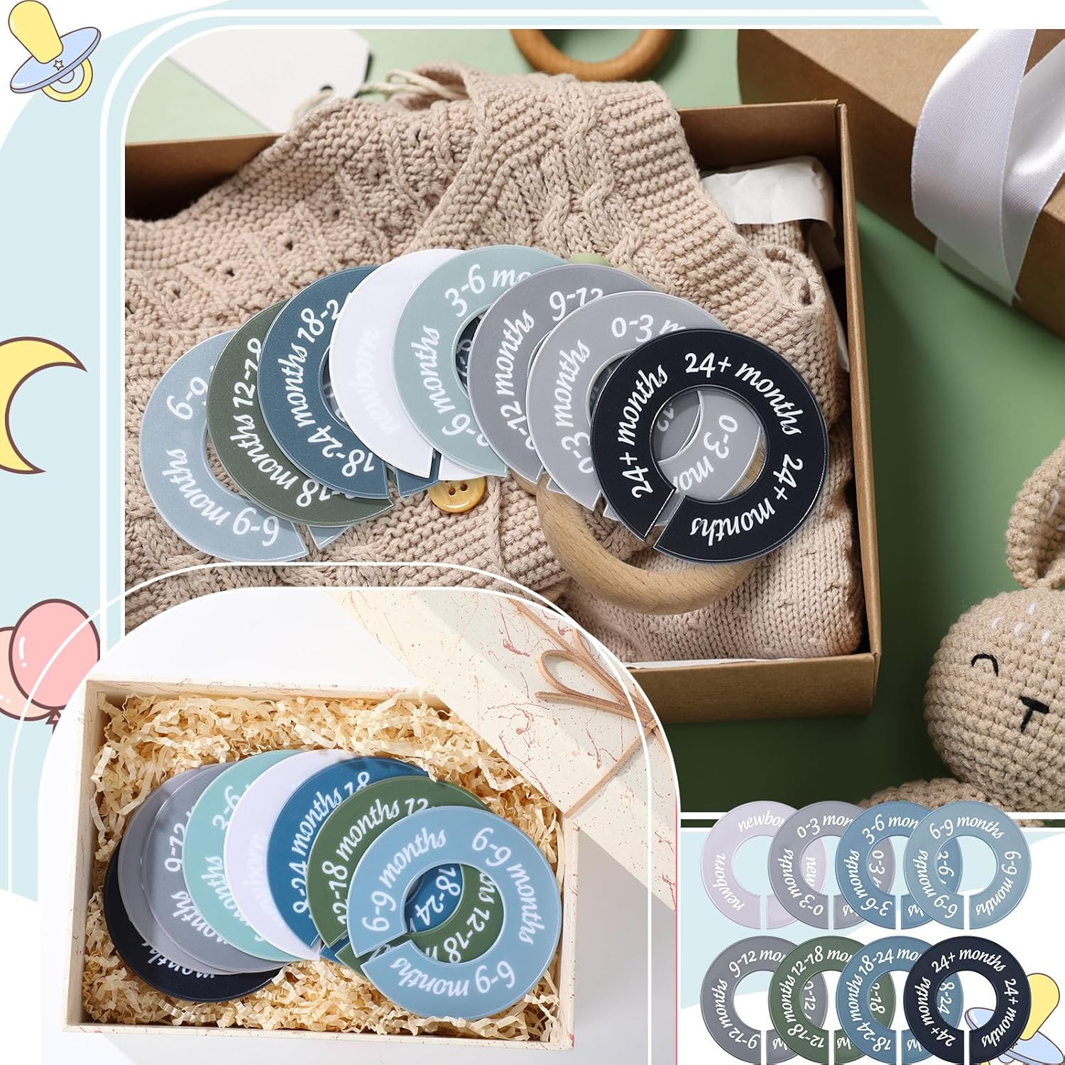 8 Pcs Baby Closet Dividers, Gifts for Moms, Unisex Baby Clothes Organizers, Clear Label Nursery Closet Organizer & Decor, Fits Most Rods(Modern,Cool Colors)