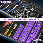 Magnetic Socket Organizer Set, 3-Piece Socket Holder Trays for 1/4" 3/8" 1/2" Drive Sockets, Organizes 68 Metric Sockets, Purple Tool Box Organizer (Sockets Not Included)