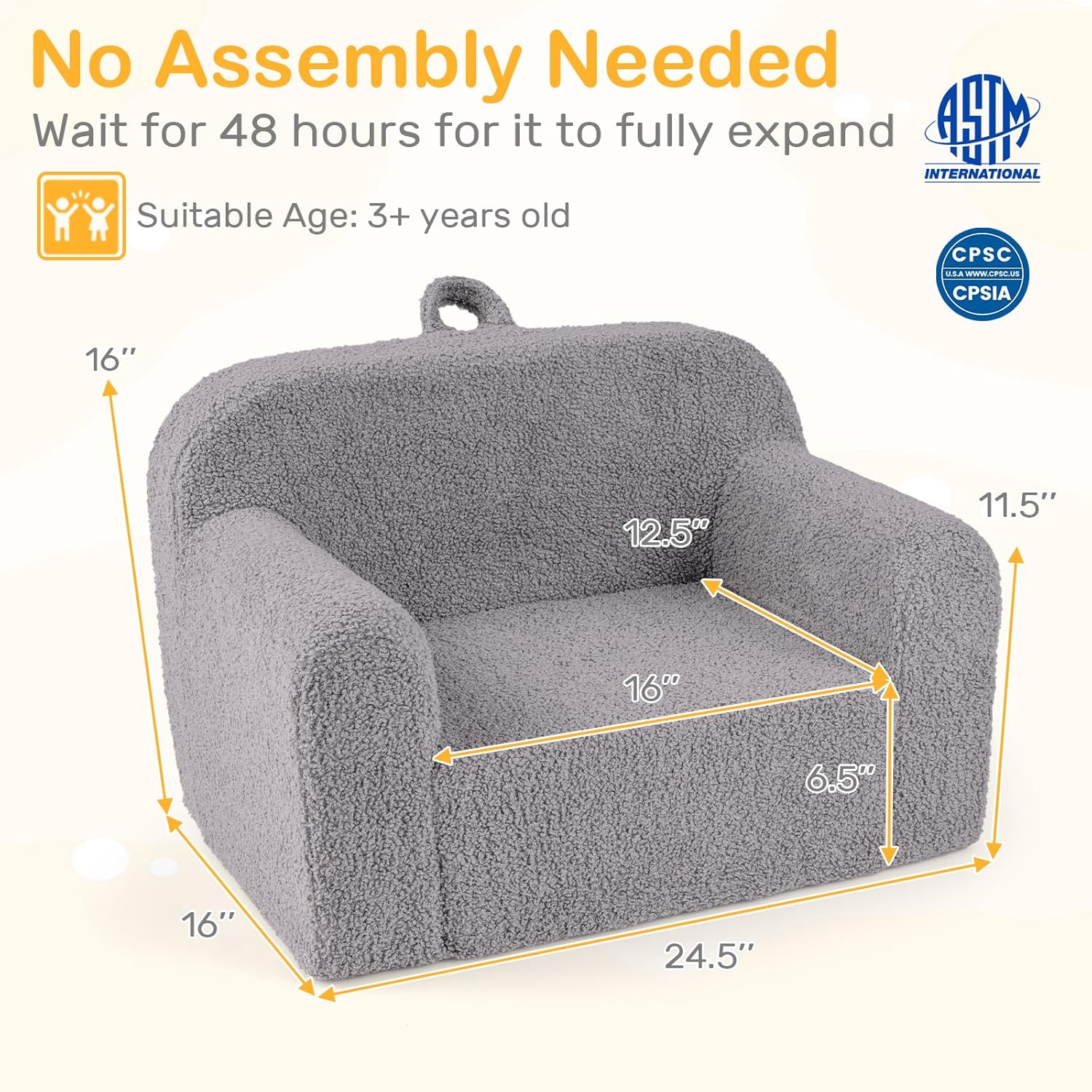 Costzon Kids Couch, Comfy Toddler Sofa Chair with Soft Fleece Fabric Cover, Kids Furniture for Playroom, Children Reading Armchair for Boys & Girls Aged 3+ Birthday (Medial,Grey)