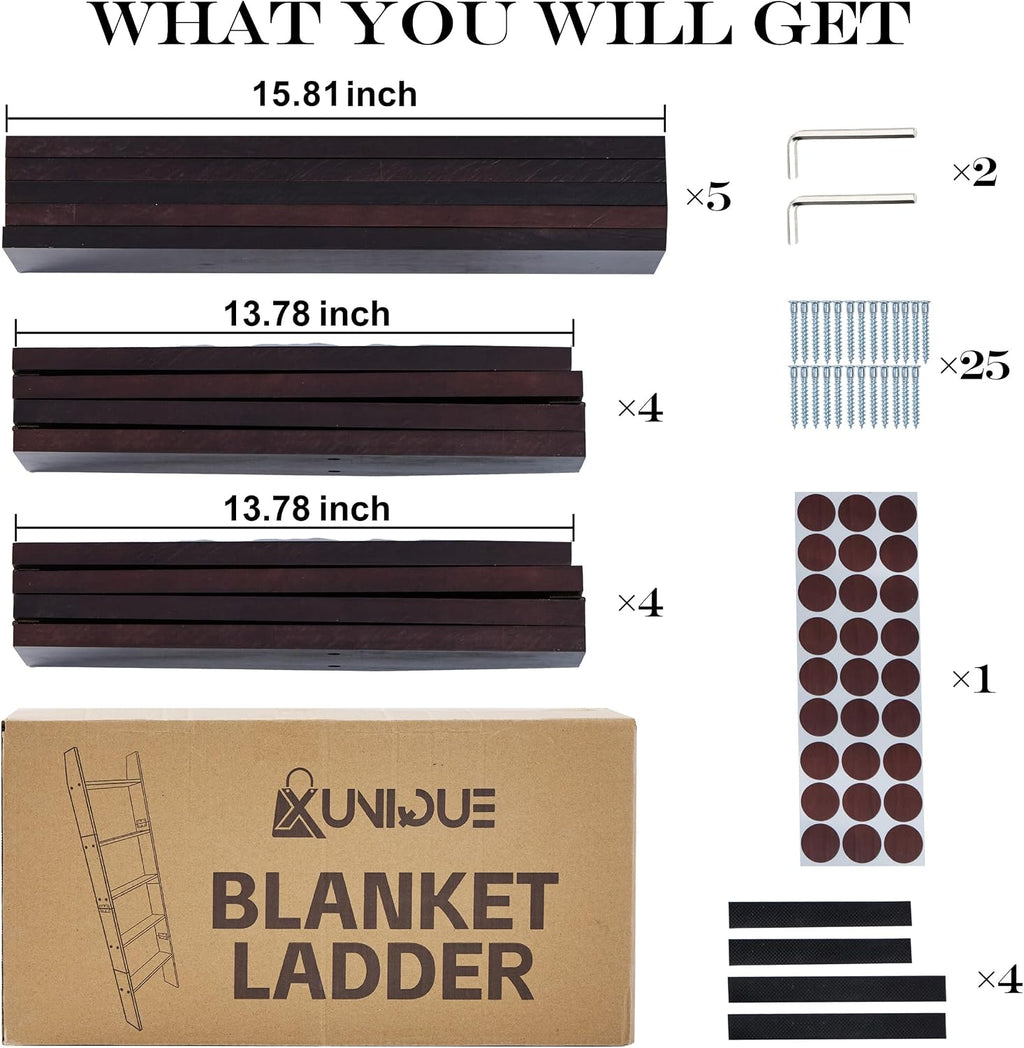 XUNIQUE 5-Tier Blanket Ladder for The Living Room, 4.8 FT Anti-Slip Decorative Ladder Shelf Leaning Quilt Rack, Lightweight, Easy Assemble, Wooden Blanket Rack (Brown)