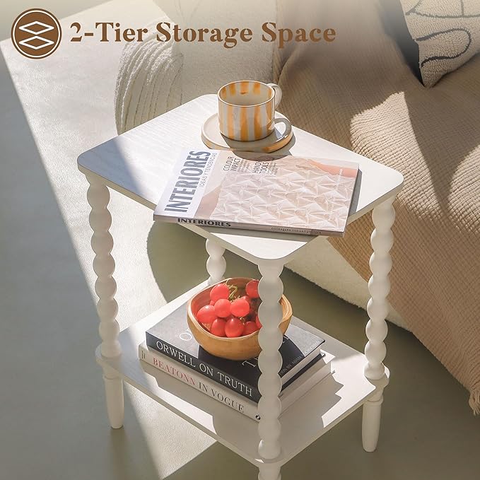 White End Table, Small Side Table with Storage Shelf, 2-Tier Modern NightStan...
