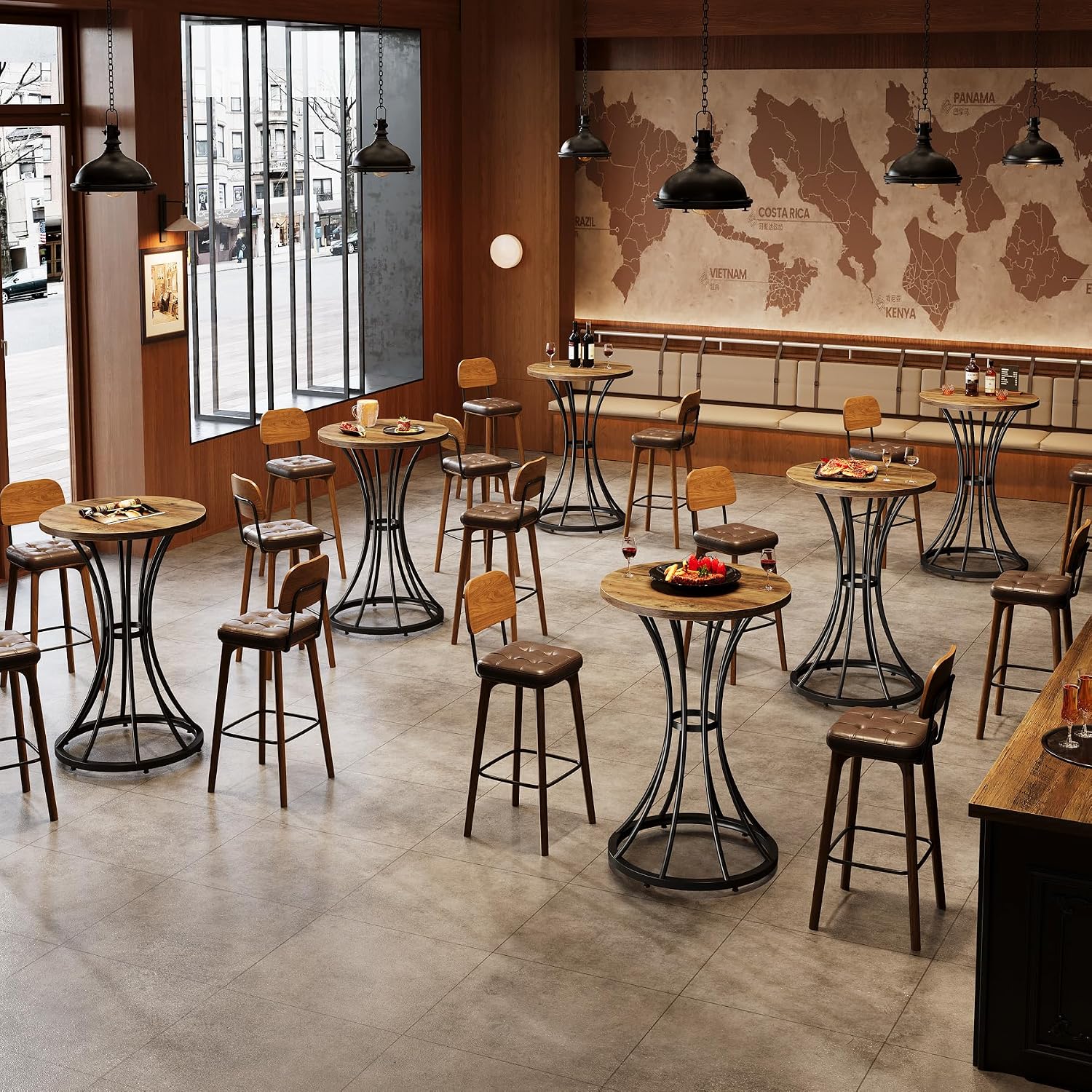 Tribesigns Round Bar Table for 2, 37.4" H Cocktail Table with Curved Metal Base, Coffee Pub Table for Spaces, Living Room, Kitchen, or Party (Brown & Black) (4)
