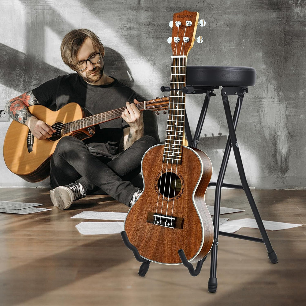 Guitar Stool, Foldable Padded Seat with Built-in Stand & Footrest, Retrac...
