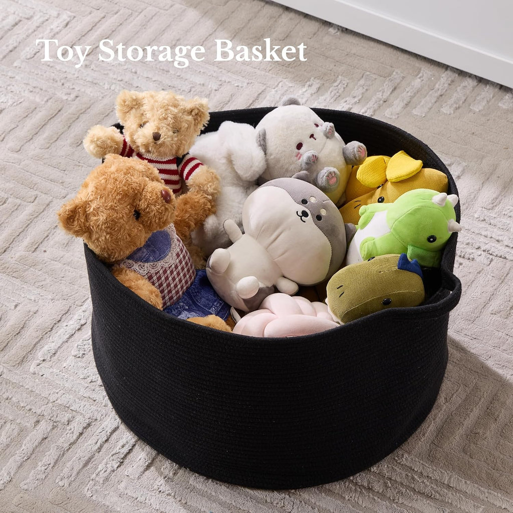 Extra Large Nursery Storage Basket, 22 x 22 x 14 inches - 100% Cotton Rope Baskets with Handles, Blanket Basket for Toys, Blankets & Pillows - Inner Black