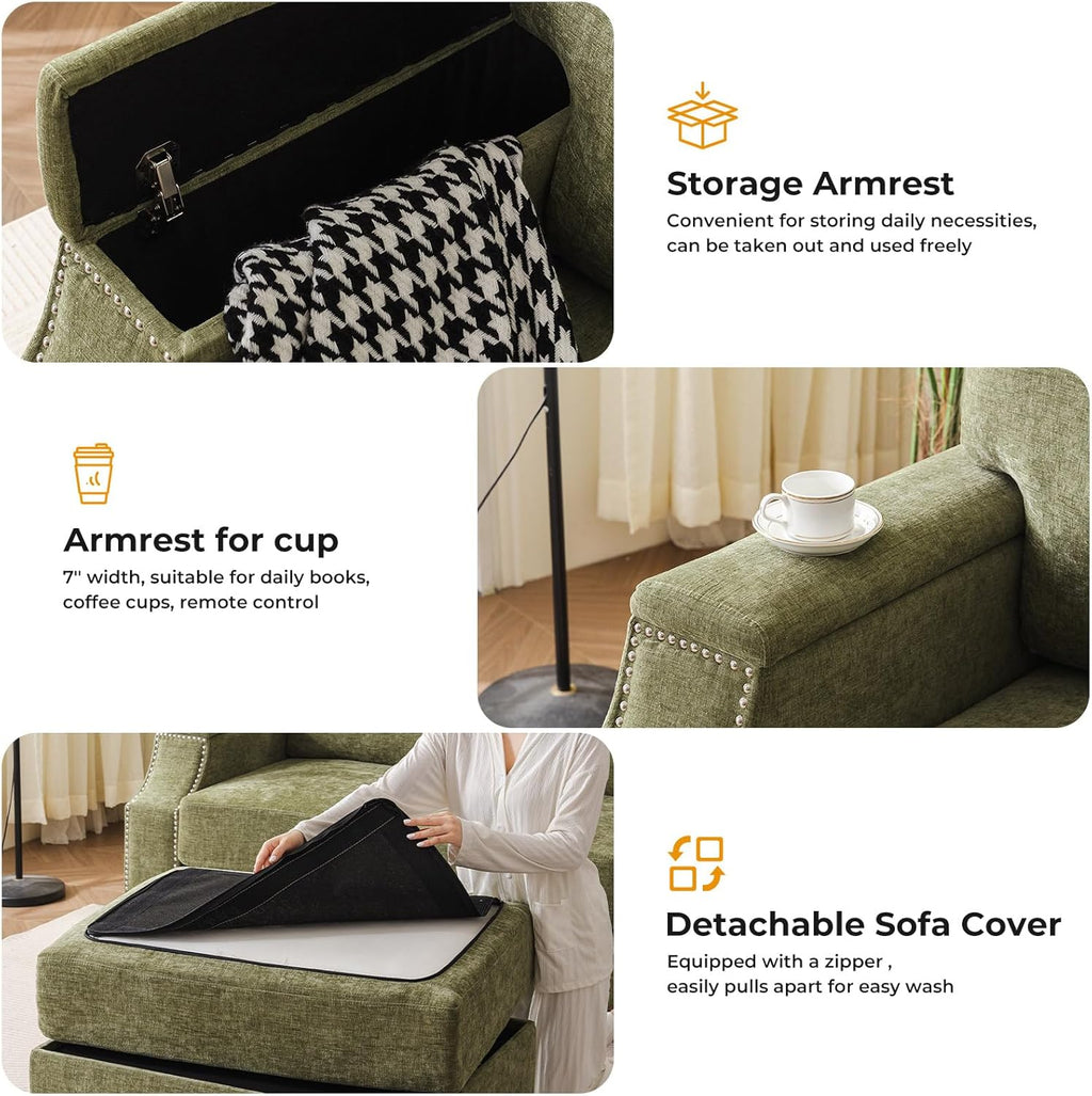 85" Sectional Sofa Couch with All Seat Storage,Movable Ottoman,Green | L Shaped Couch with Armrest Organizer,3-Seater Sofa,Small Modular Couches for Living Room,Bedroom,Apartment,Chenille