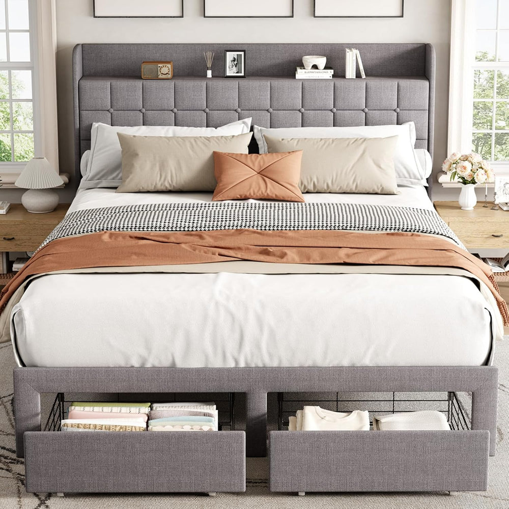 DUMOS Queen Bed Frame, Upholstered Platform Bed Frame with Storage Drawers