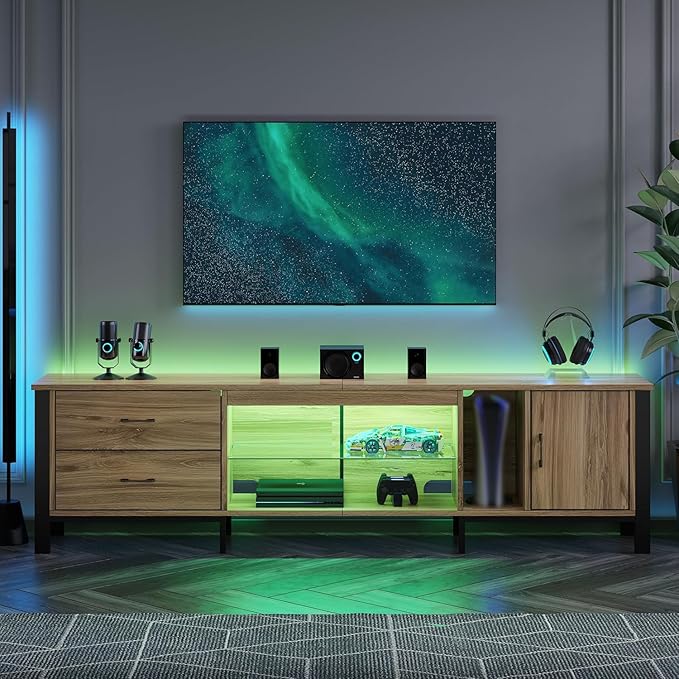 Bestier TV Stand for 75/80/85 inch TV, LED Gaming Entertainment Center, Modern TV Cabinet with Glass Shelves for Living Room, Media Console with 2 Storage Drawers & Cabinets for Bedroom, Pinewood