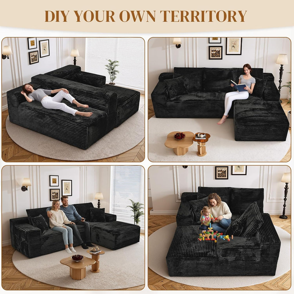 108" L Shaped Boneless Sectional Couches for Living Room, Comfy Corduroy Floor Cloud Sofa with Chaise, Wide Armrest, Deep Seat, Memory Foam, Assembly Free, Ideal for Small Spaces, Black