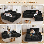 108" L Shaped Boneless Sectional Couches for Living Room, Comfy Corduroy Floor Cloud Sofa with Chaise, Wide Armrest, Deep Seat, Memory Foam, Assembly Free, Ideal for Small Spaces, Black