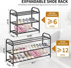 Hleelomi 3-Tier Metal Expandable Shoe Rack for Closet and Entryway Black | Adjustable Shoe Organizer for Closet,Living Room,Dorm,Garage,Fits Small Spaces, Apartments and Rentals