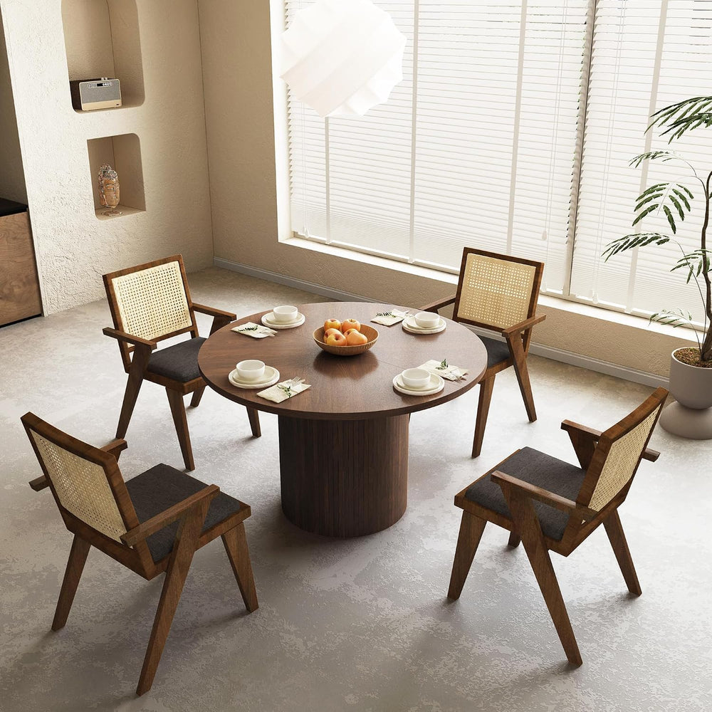QHITTY Fluted Round Dining Table, 47-inch Wood Kitchen for 4, Farmhouse Circl...