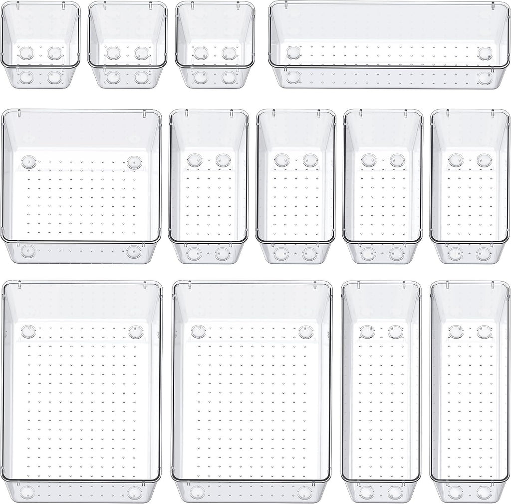 SMARTAKE 13-Piece Drawer Organizers with Non-Slip Silicone Pads, 5-Size | Clear Desk Bathroom Drawer Organizer Trays Storage Tray for Makeup, Jewelry, Utensils in Bedroom Dresser, Office and Kitchen