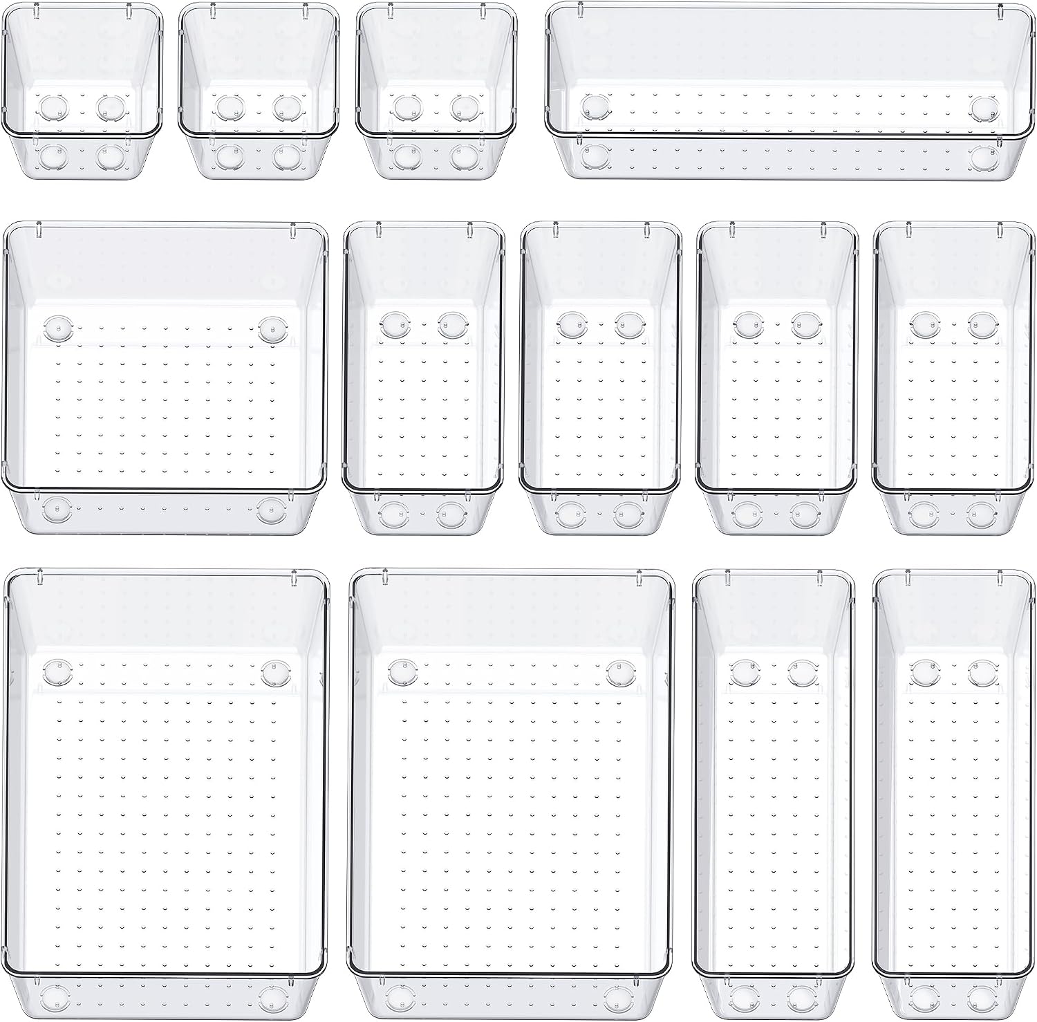 SMARTAKE 13-Piece Drawer Organizers with Non-Slip Silicone Pads, 5-Size | Clear Desk Bathroom Drawer Organizer Trays Storage Tray for Makeup, Jewelry, Utensils in Bedroom Dresser, Office and Kitchen