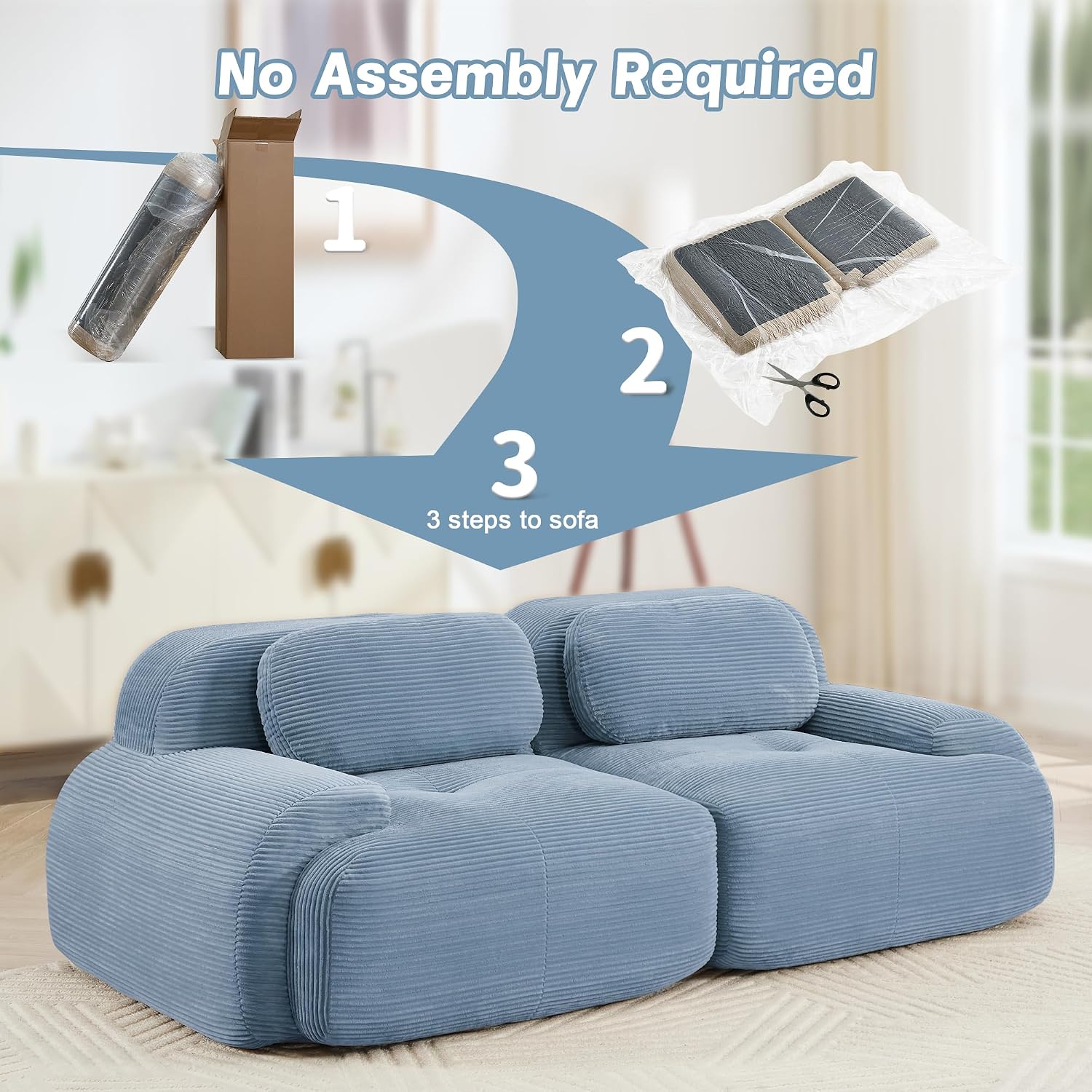 81" Loveseat Sofa, Comfy Deep Seat, No Assembly, Sofa in a Box, Modern Small Couch with Plush Corduroy Fabric for Living Room, Bedroom, Apartment, Home Office, Blue