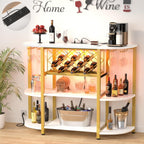Unikito 4-Tier Coffee Bar Cabinet with Outlet, LED Light & Glass Holder | Metal Frame, Wine Storage, Bakers Rack, Floor Bar Table for Kitchen Dining Room, White and Gold