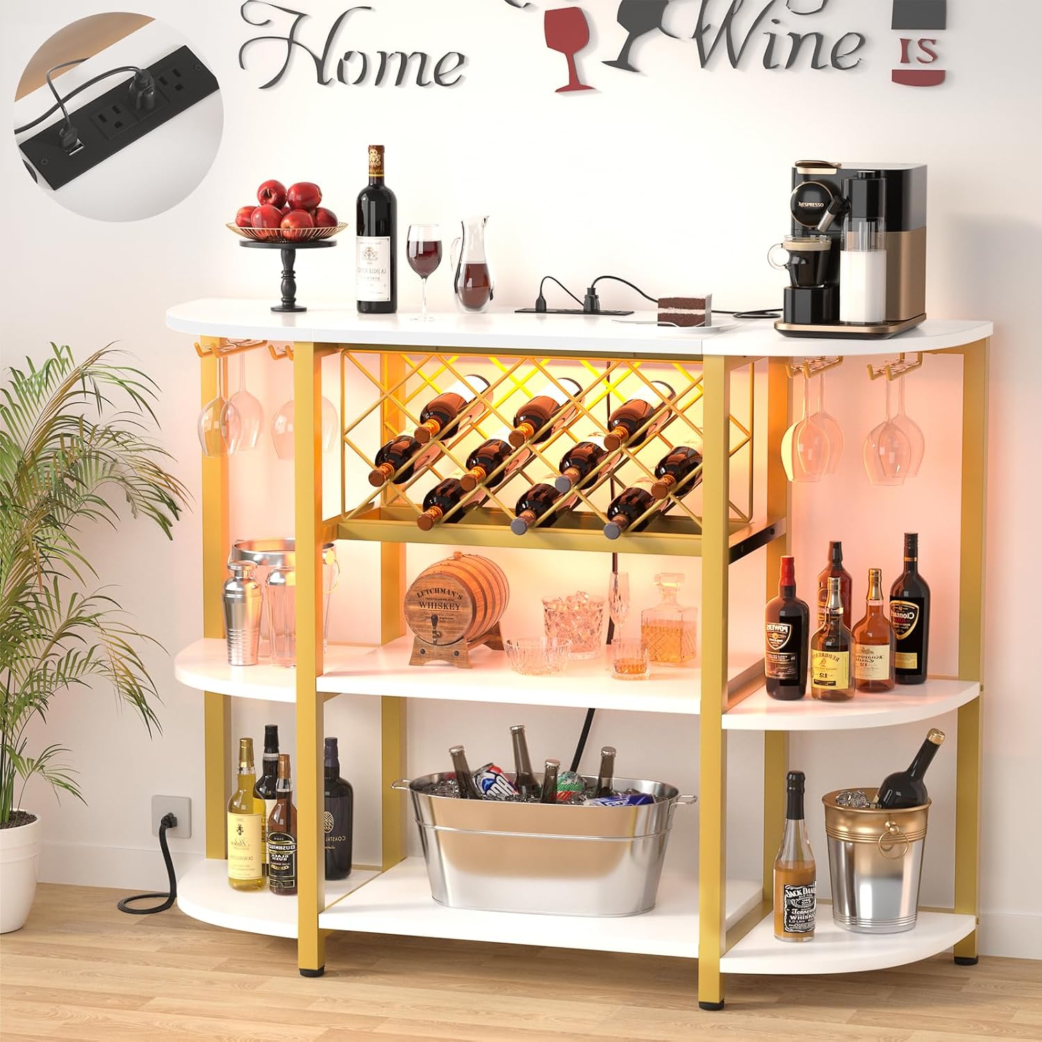 Unikito 4-Tier Coffee Bar Cabinet with Outlet, LED Light & Glass Holder | Metal Frame, Wine Storage, Bakers Rack, Floor Bar Table for Kitchen Dining Room, White and Gold